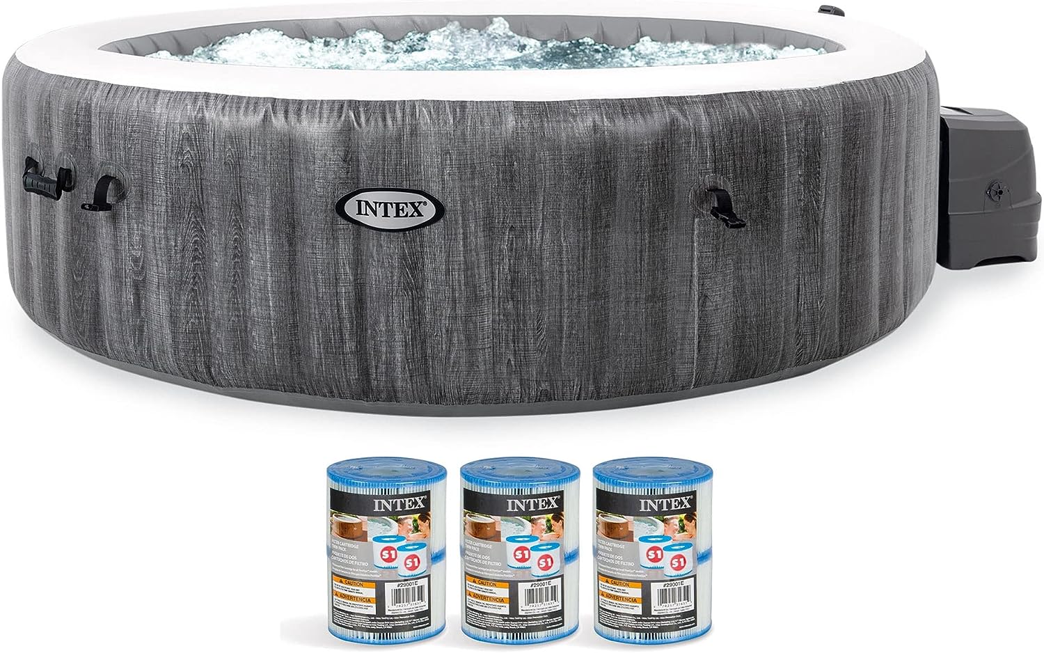 Intex PureSpa Greywood Deluxe 85" x 25" Outdoor Portable Inflatable 6 Person Round Hot Tub Bubble Jet Spa with 6 Type S1 Pool Filter Cartridges